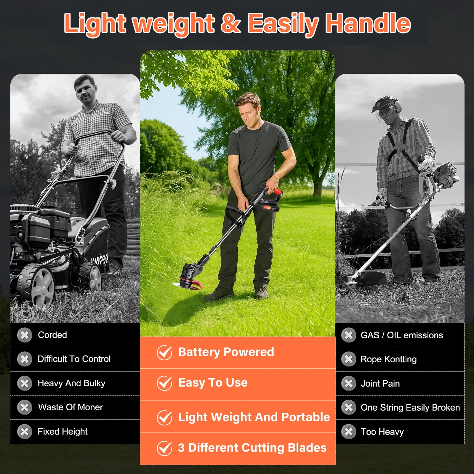 Cordless Lawn Mower, 21v Electric Weed Wacker Brush Cutter Rechargeable Electric Grass Trimmer with 2 Batteries, Handheld Weed Eater for Lawn Garden Pruning Trimming Tool