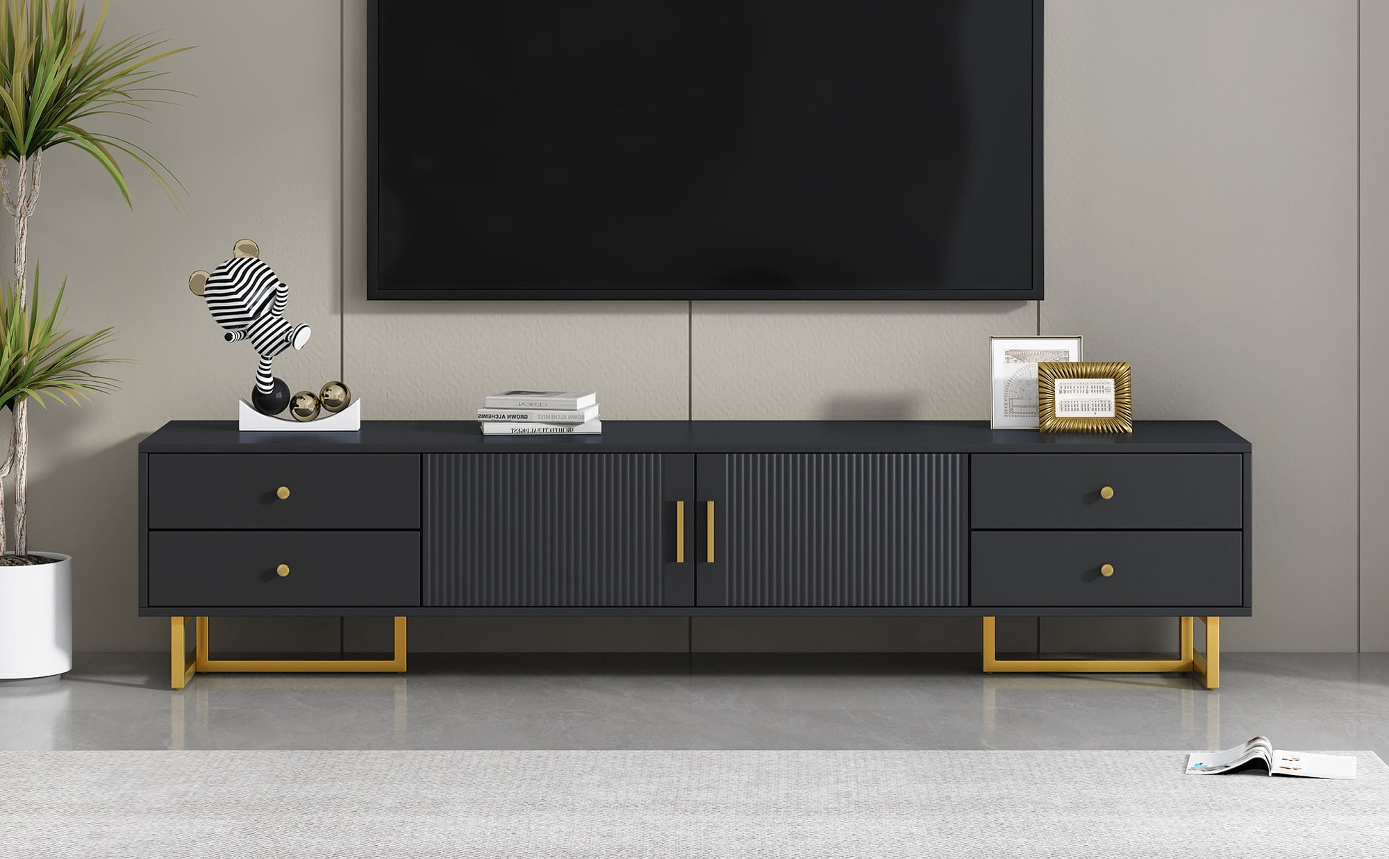 Euroco Modern TV Stand with Wave Groove Cabinet Doors, 4 Drawers, and Metal T-Frame