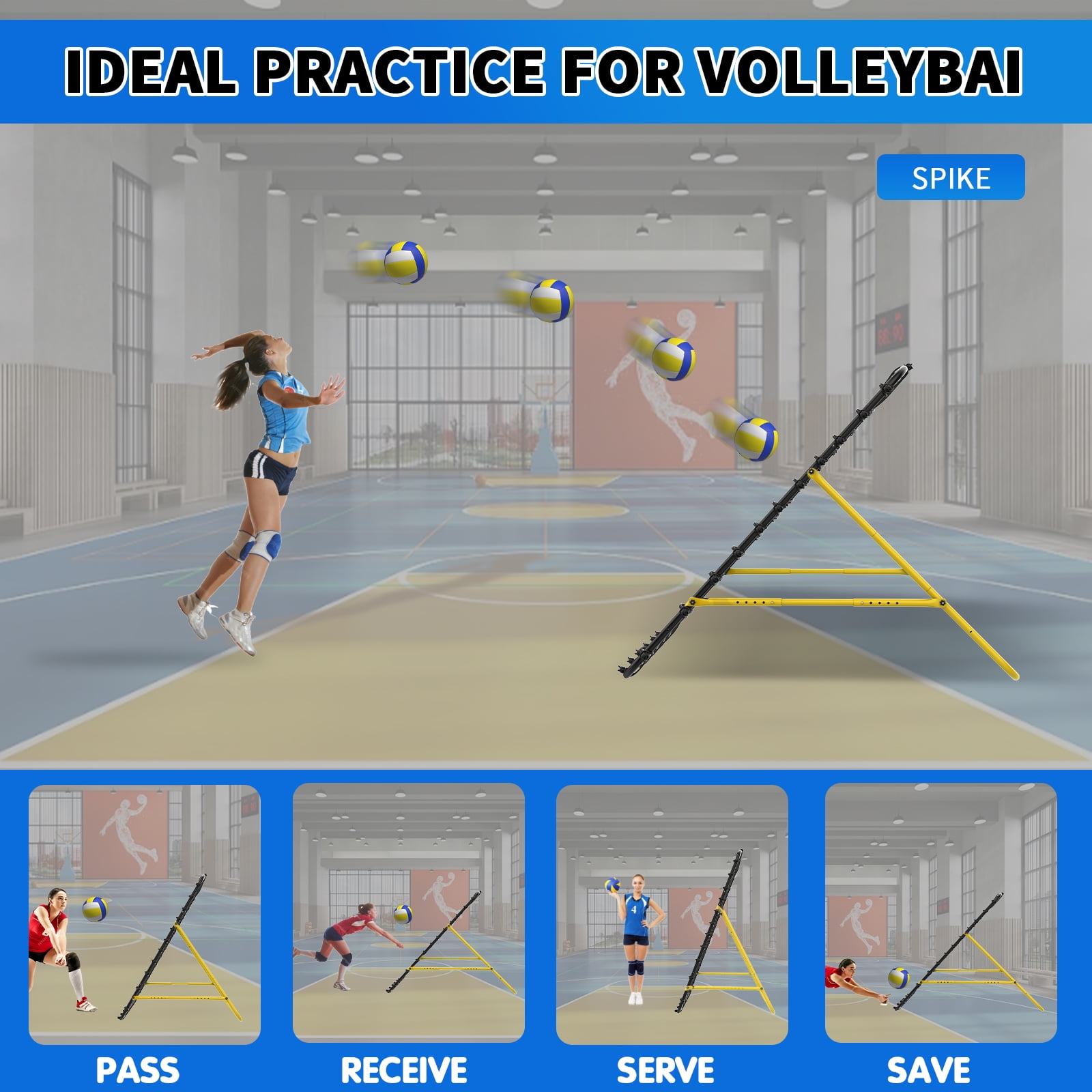 7x4 FT Volleyball Rebounder Net，Ultimate Training Equipment for Volleyball & Lacrosse，Enhanced Bouncing System for Volleying, Bumping, Spiking Drills，Multiple Adjustable Rebound Angles(Black+Yellow）