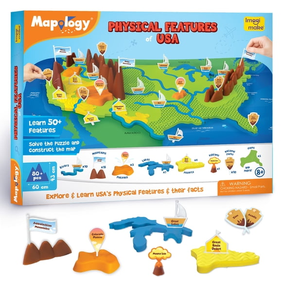 Características físicas de Puzzle Imagimake Mapology, EE. UU., entre 8 y 10 años