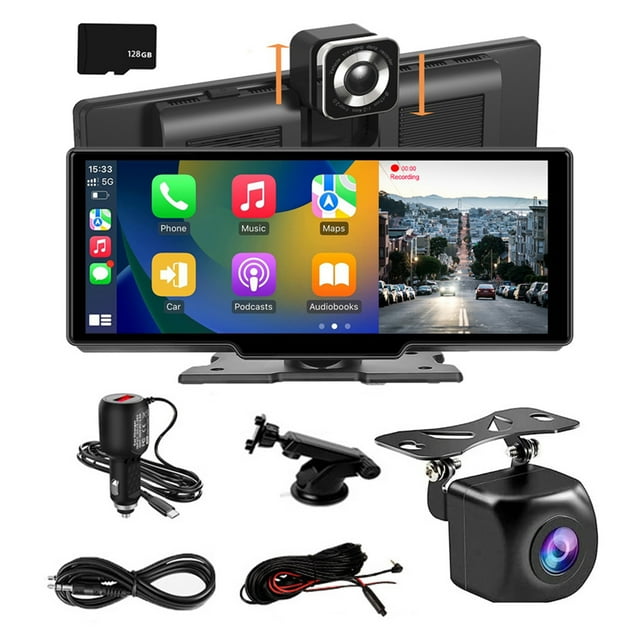 Youkk Portable 10.26Inch HD IPS Touchscreen Car Stereo Dual Lens Dash Cam DVR Support Wireless Android Auto & with TF CardWireless Convenient 128GB