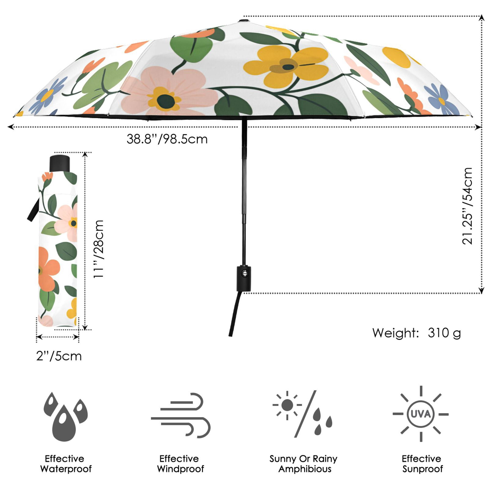 FORMRS Travel Umbrella Folding Auto Open Close Windproof Rain UV Protection, Retro Colorful Flowers