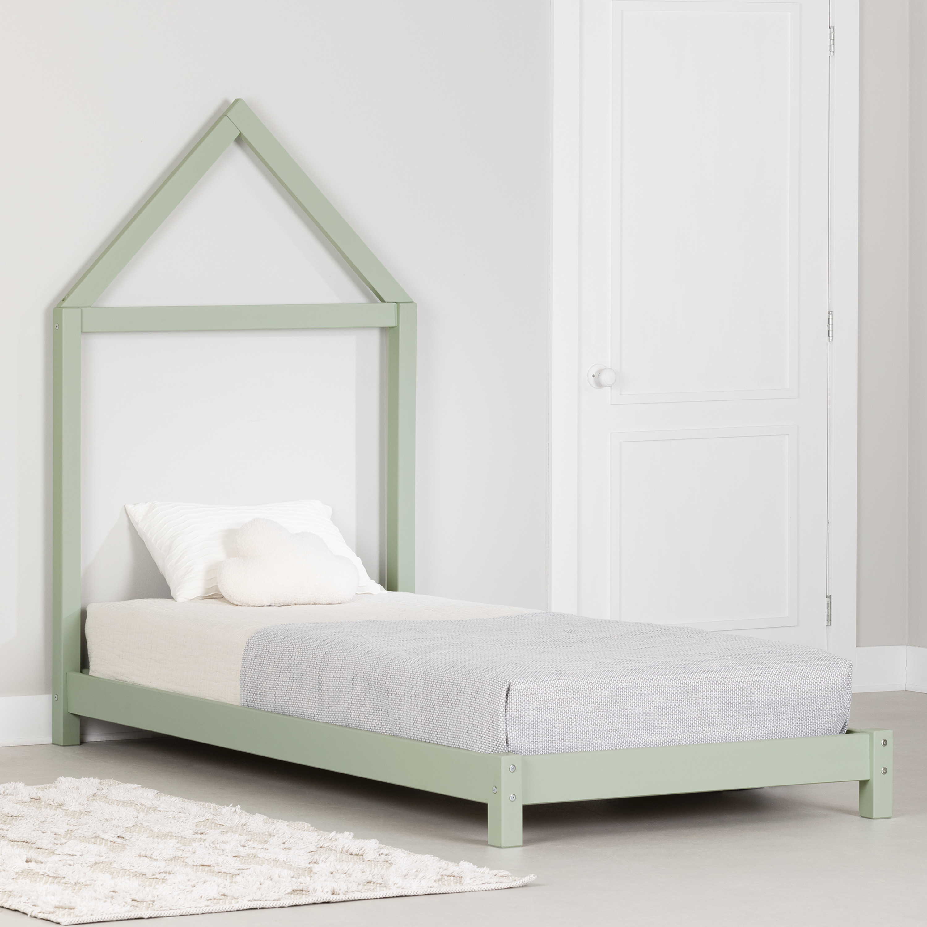 South Shore Sweedi, Scandinavian Twin Bed with House Frame Headboard, Sage Green