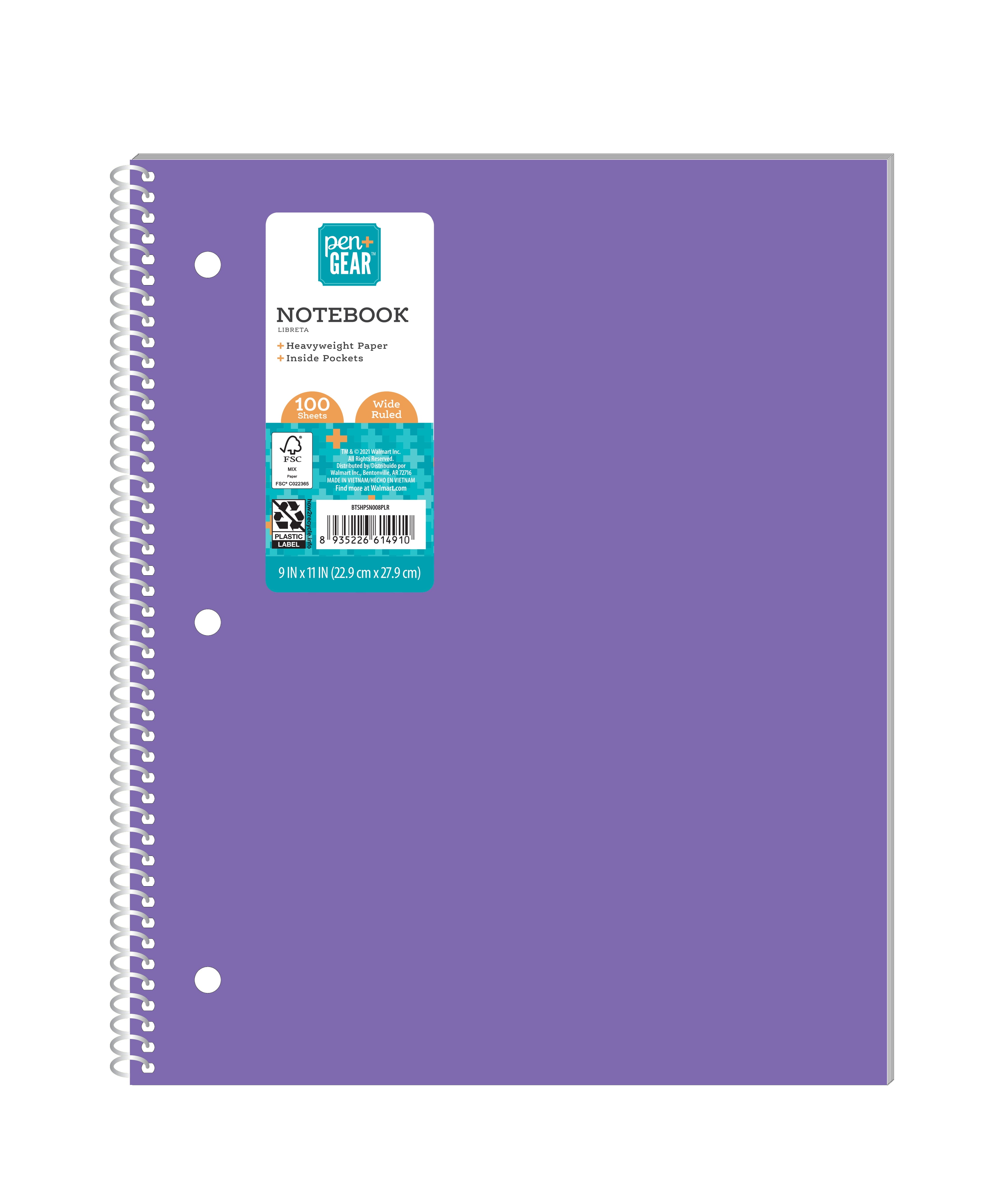 Pen+Gear Poly 1-Subject Notebook, Wide Ruled, 100 Heavyweight Sheets, Inside Pockets, Purple