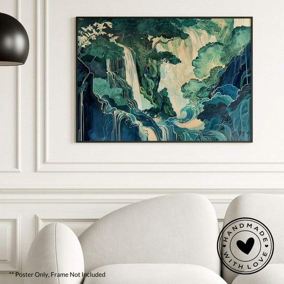 Miluva Hokusai Waterfall Japanese Wall Art Landscape Poster Print Blue Green Traditional Japanese Home Decor Decor For Living Room Bedroom, 8x12 UNFRAMED