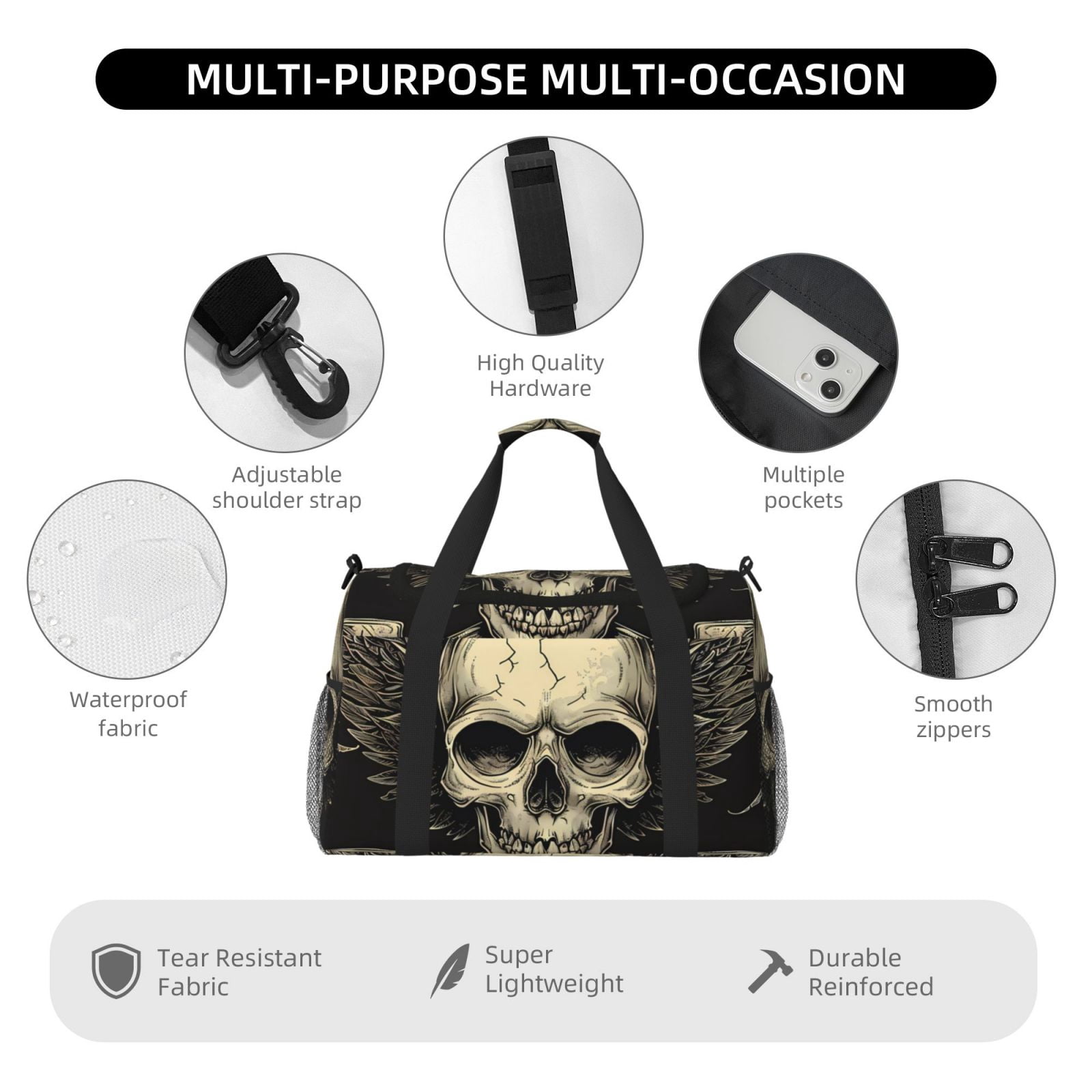 Fuzoiu Gothic Winged Skull Print Travel Duffle Bag,Carry On Tote Bags,Duffel Bag,Sport Gym Bag, Hospital Bag for Labor and Delivery, Overnight Bag,Luggage Bag