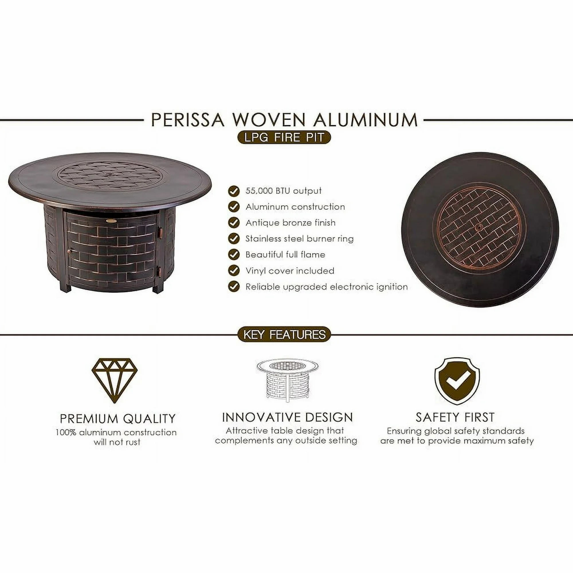 Vulcan Perissa Basketweave Fire Pit Table – 44" Multifunctional Design with Fire Bowl Lid, Bronze Finish