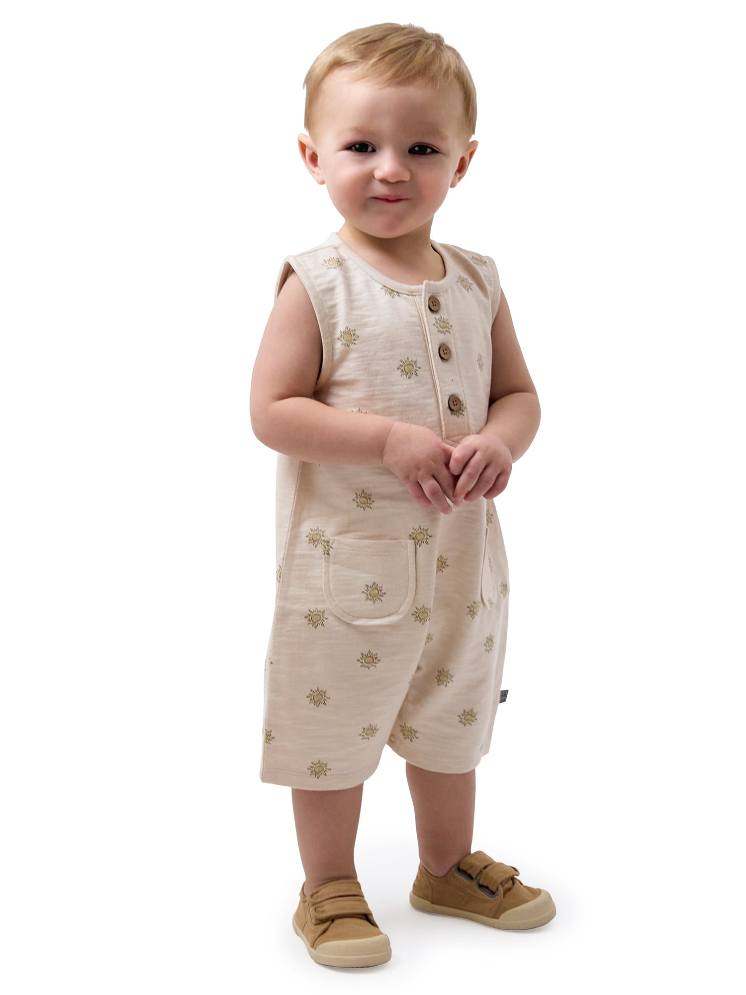 Modern Moments by Gerber Baby Boy Sleeveless Slouch Henley Romper with Pockets, Sizes 0/3 Months - 24 Months