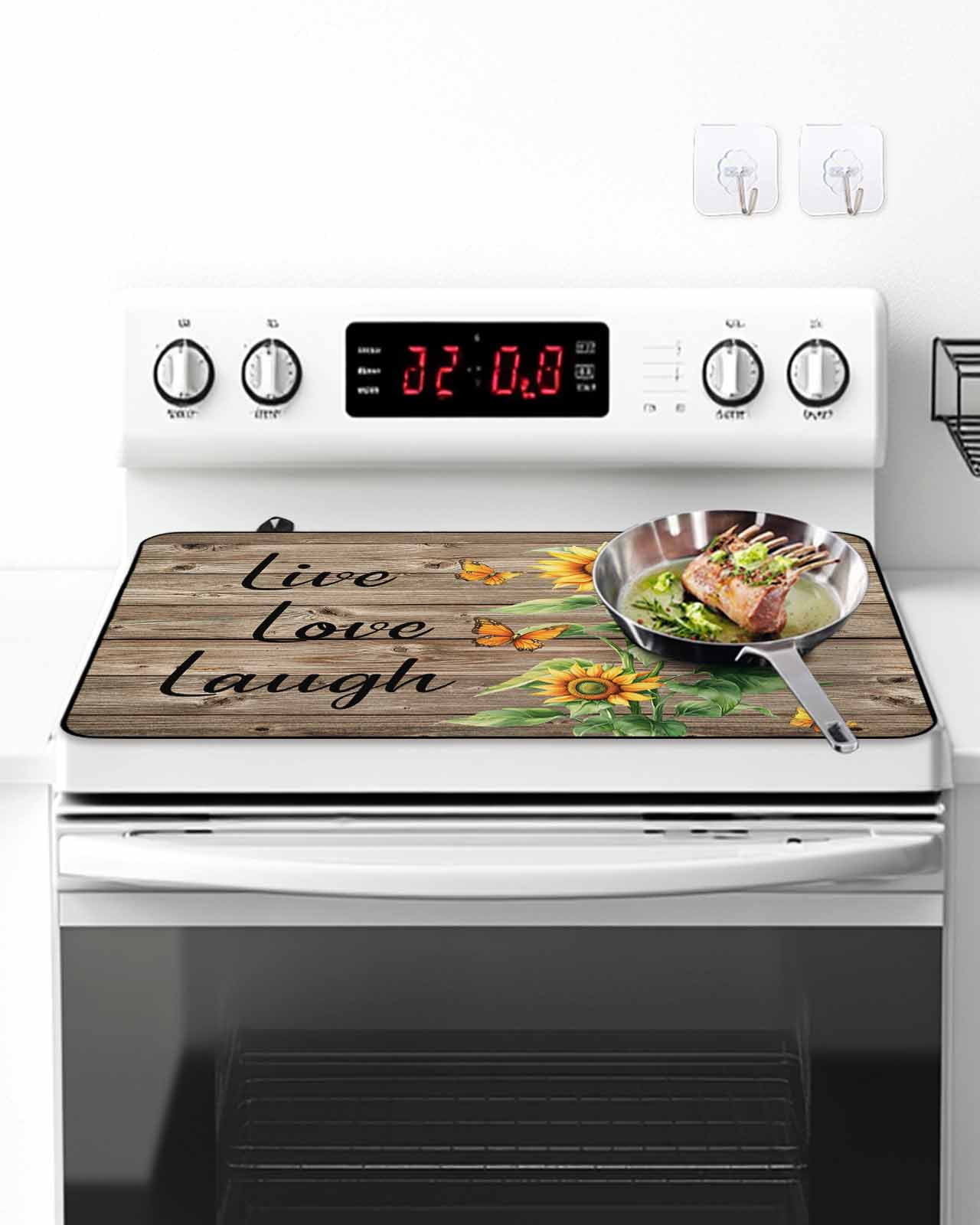 Stove Top Covers for Electric Stove, Sunflower Rustic Glass Stovetop Cover Protector, Vintage Wooden Flowers Butterfly Induction Cooktop Protector Oven Mat for Kitchen Countertop 24"x21"