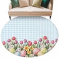 thumbnail image 6 of Easter Round Rug 8ft Washable Circle Rugs Non Slip Spring Bunny Colorful Eggs Tulip Flowers Blue Check Large Area Rug Indoor Floor Carpet for Bedroom Kitchen Living Room Home Office Dining Room, 6 of 8