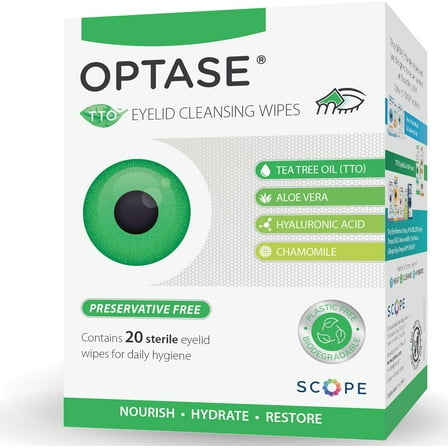 OPTASE TTO Eyelid Cleansing Wipes, Individually Wrapped With Tea Tree Oil for Dry Eyes, Stye, 20 Count