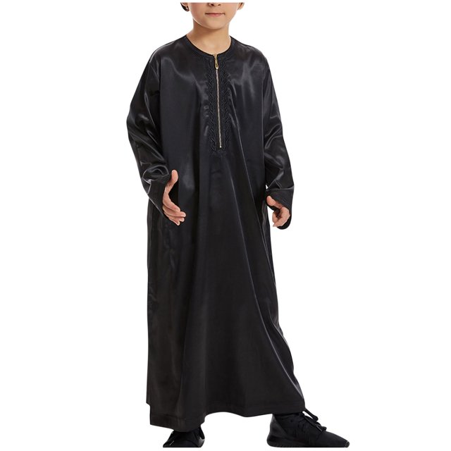 Boy's Muslim Thobe Arab Islamic Kaftan Half Zip Embroidered Robe Islamic Arabic Abaya Ethnic Dress With Pockets