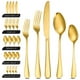 thumbnail image 1 of Juego de Cubiertos Dorados (20 piezas, acero inoxidable) para 4 personas: tenedores, cucharas y cuchillos. Ideal para cocina, hogar y restaurante, con acabado brillante dorado pulido, 1 of 7