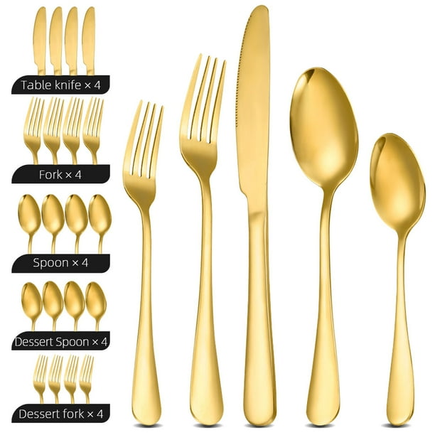 Juego de Cubiertos Dorados (20 piezas, acero inoxidable) para 4 personas: tenedores, cucharas y cuchillos. Ideal para cocina, hogar y restaurante, con acabado brillante dorado pulido