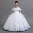 thumbnail image 2 of Makaor Flower Girl Dress for Weddings Toddler Ruched Bow Formal Dresses Mesh Off Shoulder Ball Gown Dress Empire Waist Maxi Birthday Party Dresses, 2 of 6