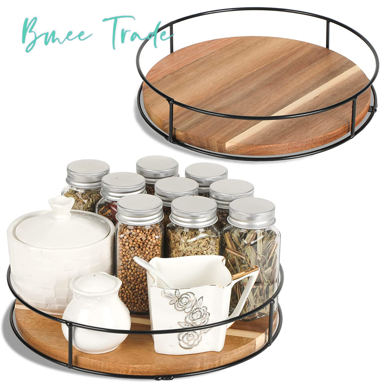 [ 2 Pack ] Acacia Wood Lazy Susan Organizers with Steel Sides, Lazy