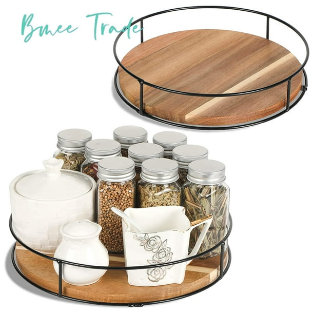 [ 2 Pack ] Acacia Wood Lazy Susan Organizers with Steel Sides, Lazy