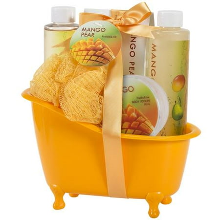 Bath, Body, and Spa Gift Basket for Women, in Mango Pear Fragrance, includes a Body Lotion, Bath Salts, Shower Gel, and Bubble Bath, with Shea Butter and Vitamin E to Moisturize and Nourish Your