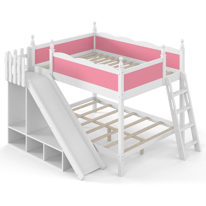 Full Over Full Bunk Bed with Slide and Ladder, Solid Wood Kids Bunk Bed with Storage Shelves and Hanging Rod, Low Profile Design, Full-Length Guardrails