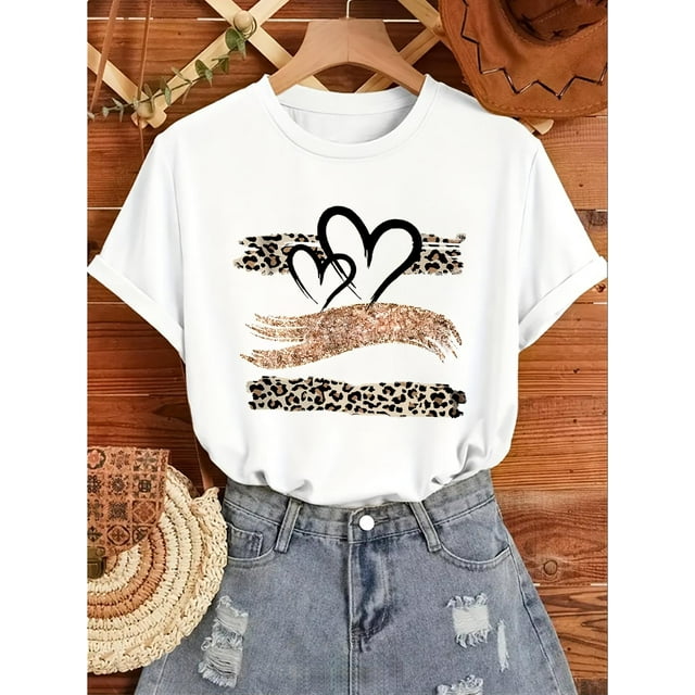 Retro-Inspired Women's Leopard Print & Heart Graphic Tee - Casual Sporty Style, Round Neck Short Sleeve T-Shirt, Cotton, Machine Washable, Sizes S-XXL, Ladies T Shirts