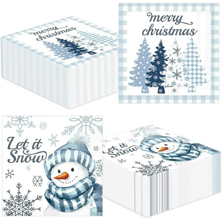 XD4-100PCS Christmas Napkins Winter Snowman Paper Napkins Buffalo Plaid Hand Towel Blue Disposable Snow Theme Guest Towels Snowflake Luncheon Napkins for Winter Holiday Xmas Bathroom*04