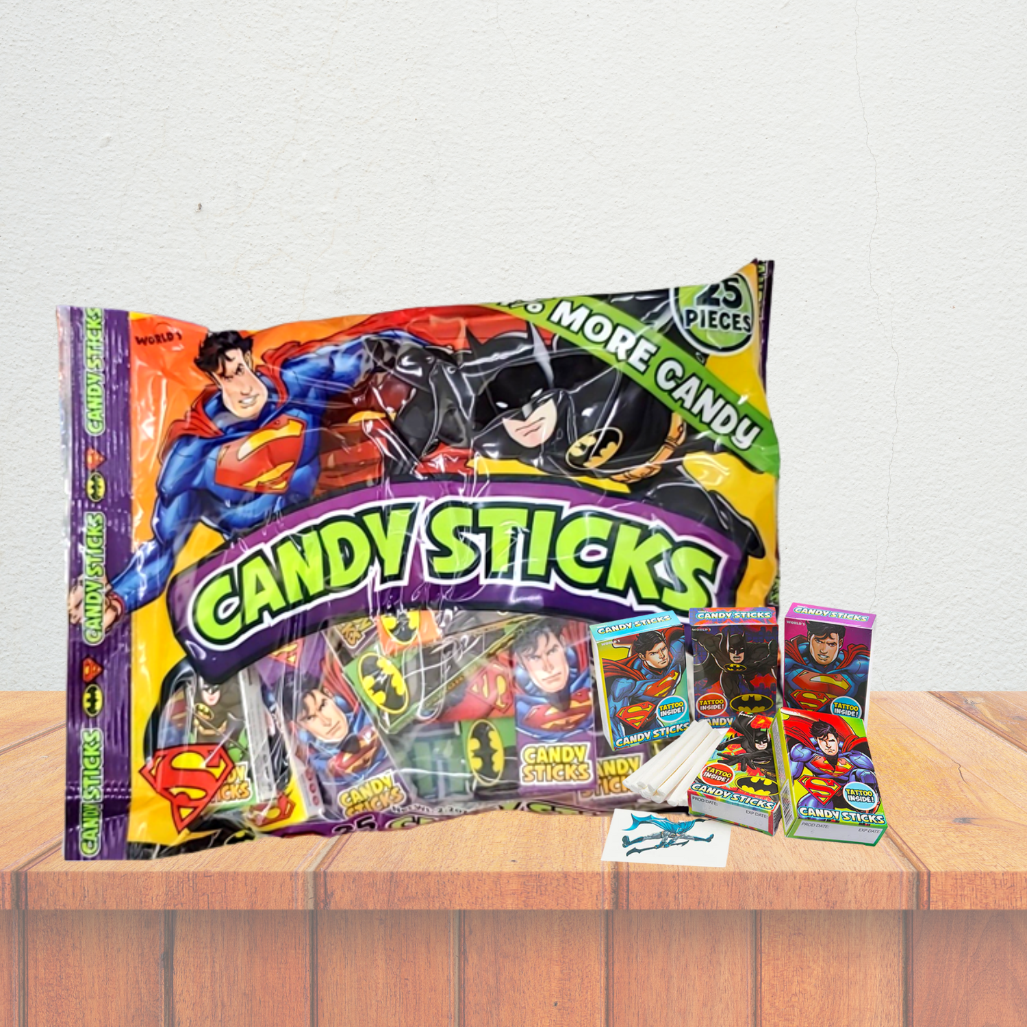 DC Comics Superman and Batman White Candy Sticks Kids Party Favor Treats Stocking Stuffer Gifts on Birthday Halloween Christmas Thanksgiving, 25ct Individual Mini Boxes - Pack of 4