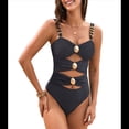 thumbnail image 3 of Traje de Baño de una Pieza para Mujer, con Corte de Color y Bloques de Color, con Aros Dorados y Ribetes. Negro L, 3 of 10