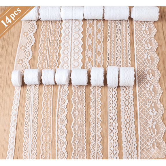 46 Yards White Lace Ribbon 14 Rolls Vintage Lace Trims 0.6 to 2.1 inch Ribbon Laces with Assorted Pattern for Sewing, Crafts, Wedding Decor, Flower Ribbons, 3.28 Yards Each