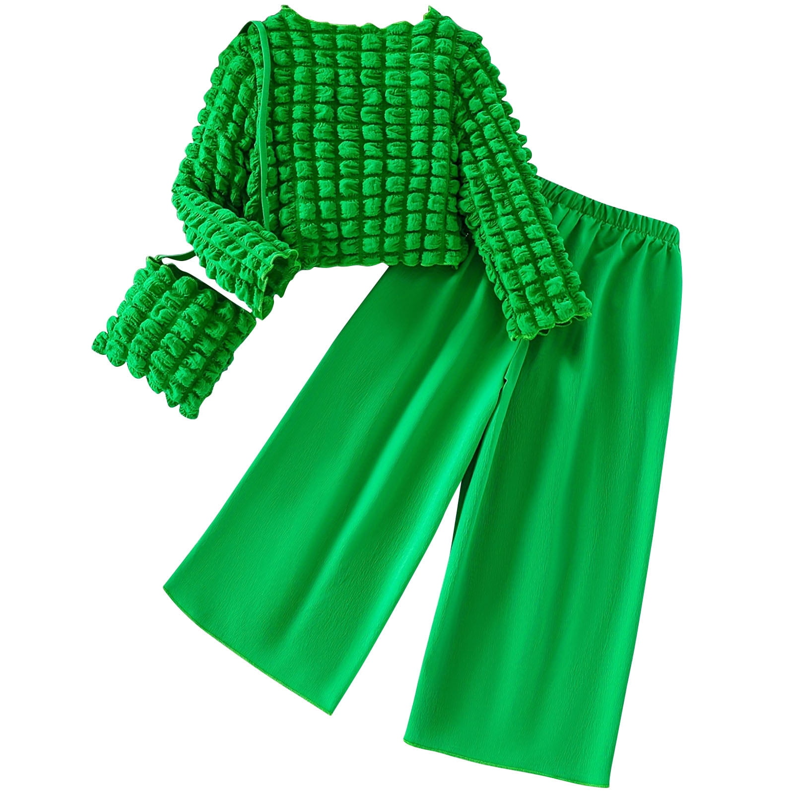 ATOGUTA Toddler Baby Girl Spring Clothes Size 3T-10 Long Sleeve Shirts with Wide Leg Pants 3 Piece Outfits Green