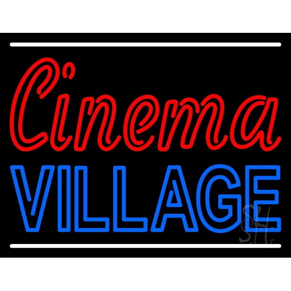Cinema Village With Line LED Neon Sign 24" Tall x 31" Wide - inches Black Square Cut Acrylic Backing, with Dimmer - Premium built indoor Sign for Cinema.
