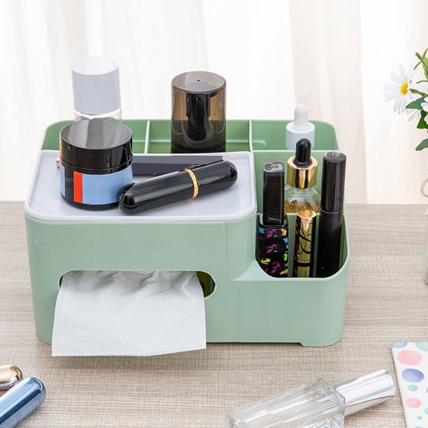 Organizador multifuncional de pañuelos de escritorio con compartimentos: para pañuelos, bolígrafos y mandos a distancia. Dispensador de servilletas de plástico para dormitorio, baño y salón. Verde,