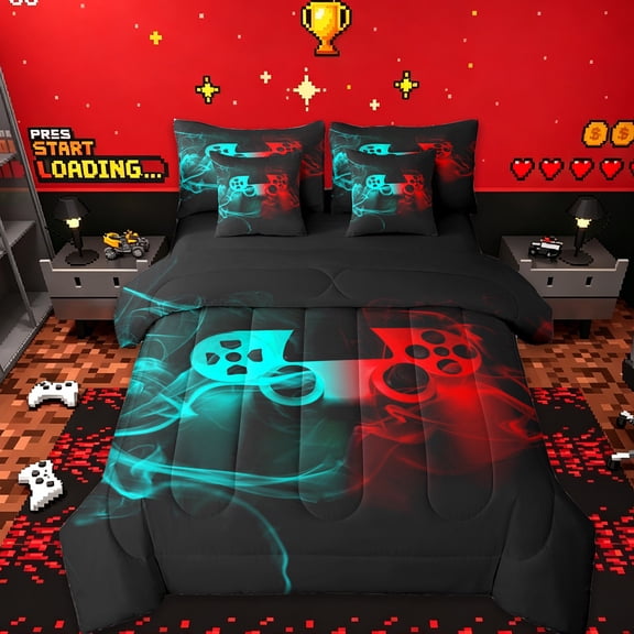 jejeloiu Gaming Gamer 7-Piece Twin Bedding Sets,Modern Video Game Bedding Comforter Set,Red Cyan Gamepad Sheet Sets For Boys,Breathable Home Decor Reversible