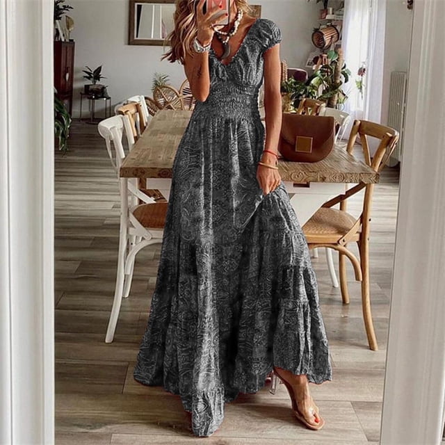 Vestidos largos bohemios Vintage de verano para mujer, Vestidos elegantes con estampado Floral, cuello en V, vacaciones de playa, Vestidos largos informales de Swing grande 2024
