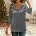 thumbnail image 7 of Tauxra Ladies' V Neck Top, Casual Fashionable Solid Color 3/4 Sleeve Metallic Velvet Shirt, 7 of 7