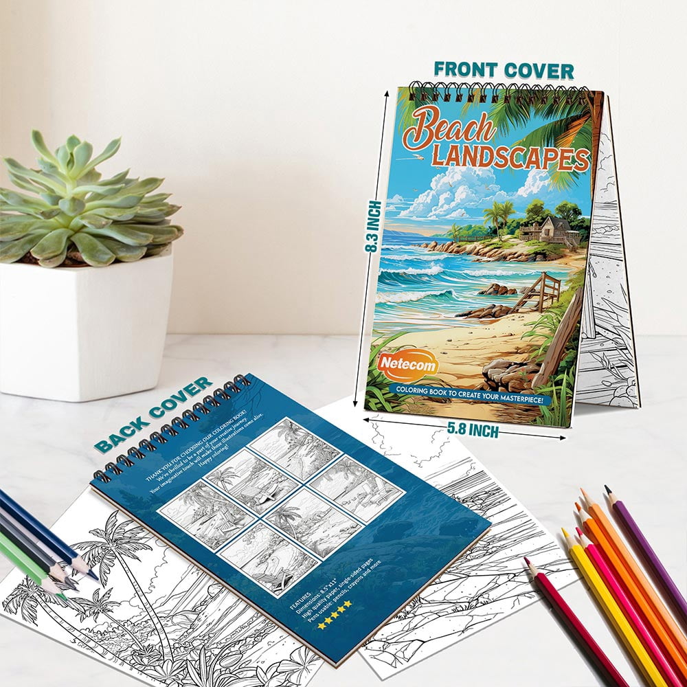 Beach Landscapes Coloring Book Spiral Bound for Adults, A5 Wooden Cover, 30 Beautiful Beach Scenes Coloring Pages of Serene Coastal for Stress Relief and Relaxation