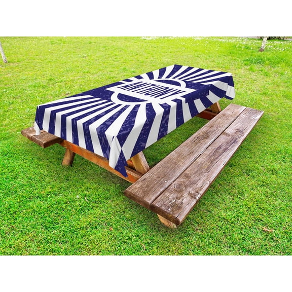Anthony Outdoor Tablecloth, Ancient Masculine Given Name with Weathered Appearance on Retro Stripes, Decorative Washable Fabric Picnic Table Cloth, 58 X 84 Inches,Navy Blue and White, by Ambesonne