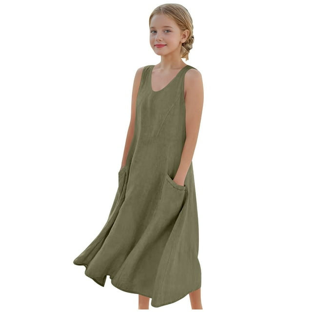 FAIWAD Robe d'Été en Coton et Lin pour Filles Sans Manches, Fluide, Robe Débardeur Ample pour Enfants avec Poches