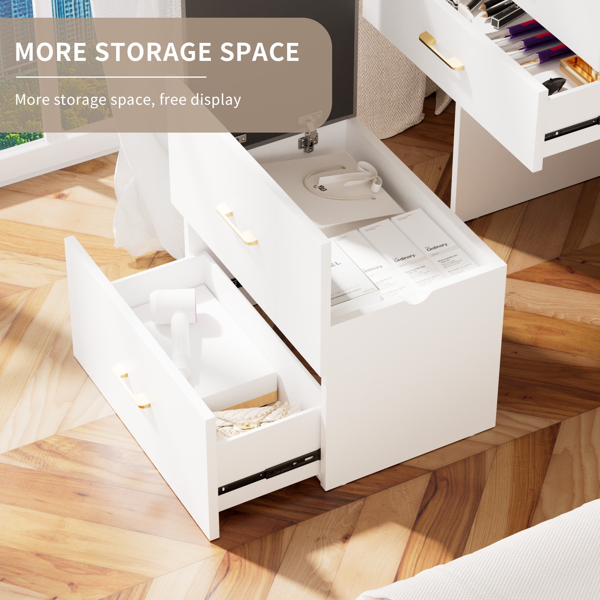 Jopath White Vanity Desk Set with Mirror & Lights,3 in 1 Makeup Vanity Table with 3 Drawers and Stool,Dressing Table for Bedroom,White02