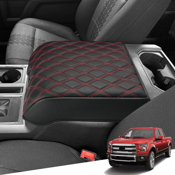 KBH Center Console Cover for Ford F150 Accessories 2015-2020, F250 F350 F450 F550 2017-2022, Expedition 2018-2024, Car Middle Lid Seat Armrest Cover Protector, Black-Red Stitch
