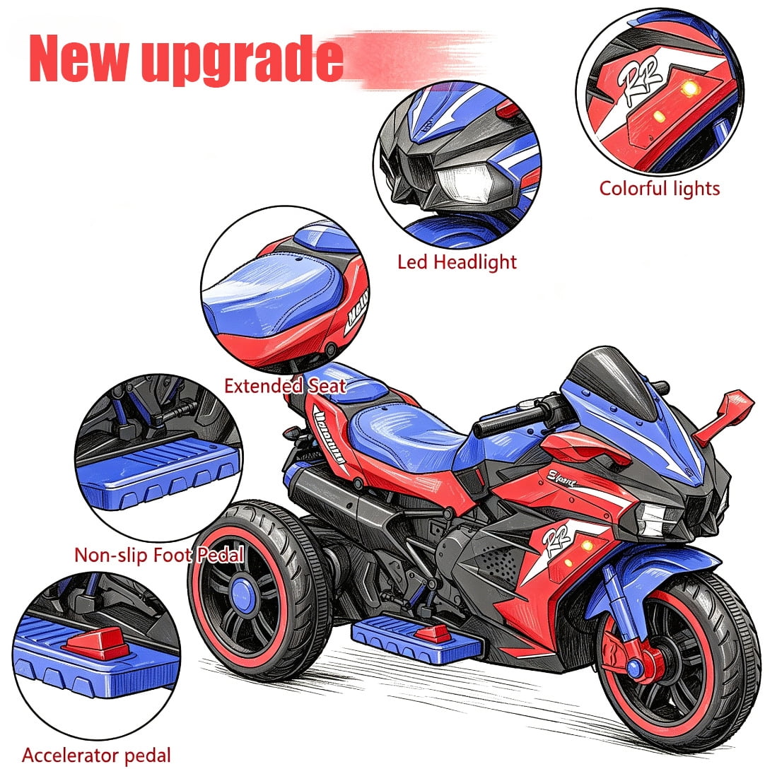 HNH Kids Motorcycle for Kids 3-6, 12V Battery Powered Bike Electric Motorbike with Remote Control, LED Lights, Bluetooth Music, Ride on Toys