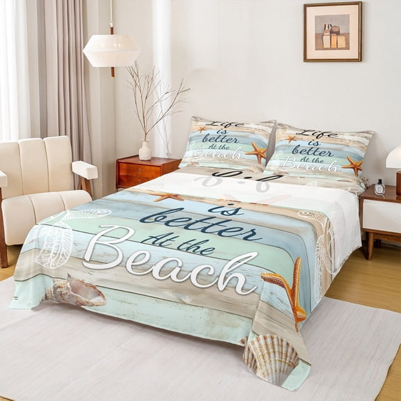 Manfei Starfish Sealife Twin Sheet Sets, Rustic Farmhouse Sheet Set Twin, Wooden Plank Bed Sheets Set Twin Size, Super Cozy Bedroom Decor, 3pcs