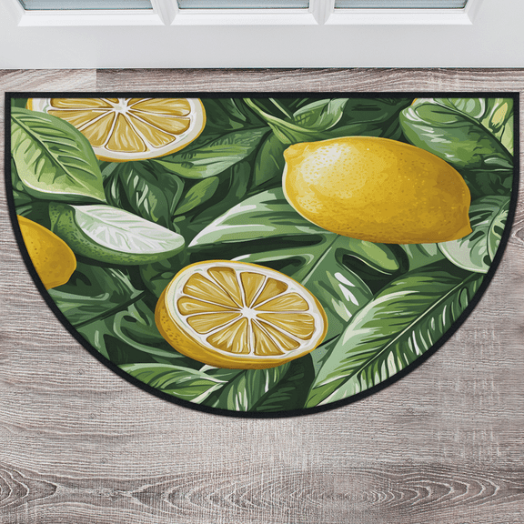 CURLYOOT Lemon Half Round Door Mat, Indoor Outdoor Entrance Rug, Palm Leaf Semi Circular Area Rug, Non Slip Washable Absorbent Doormat, Laundry Room Rug 40'' x 63''