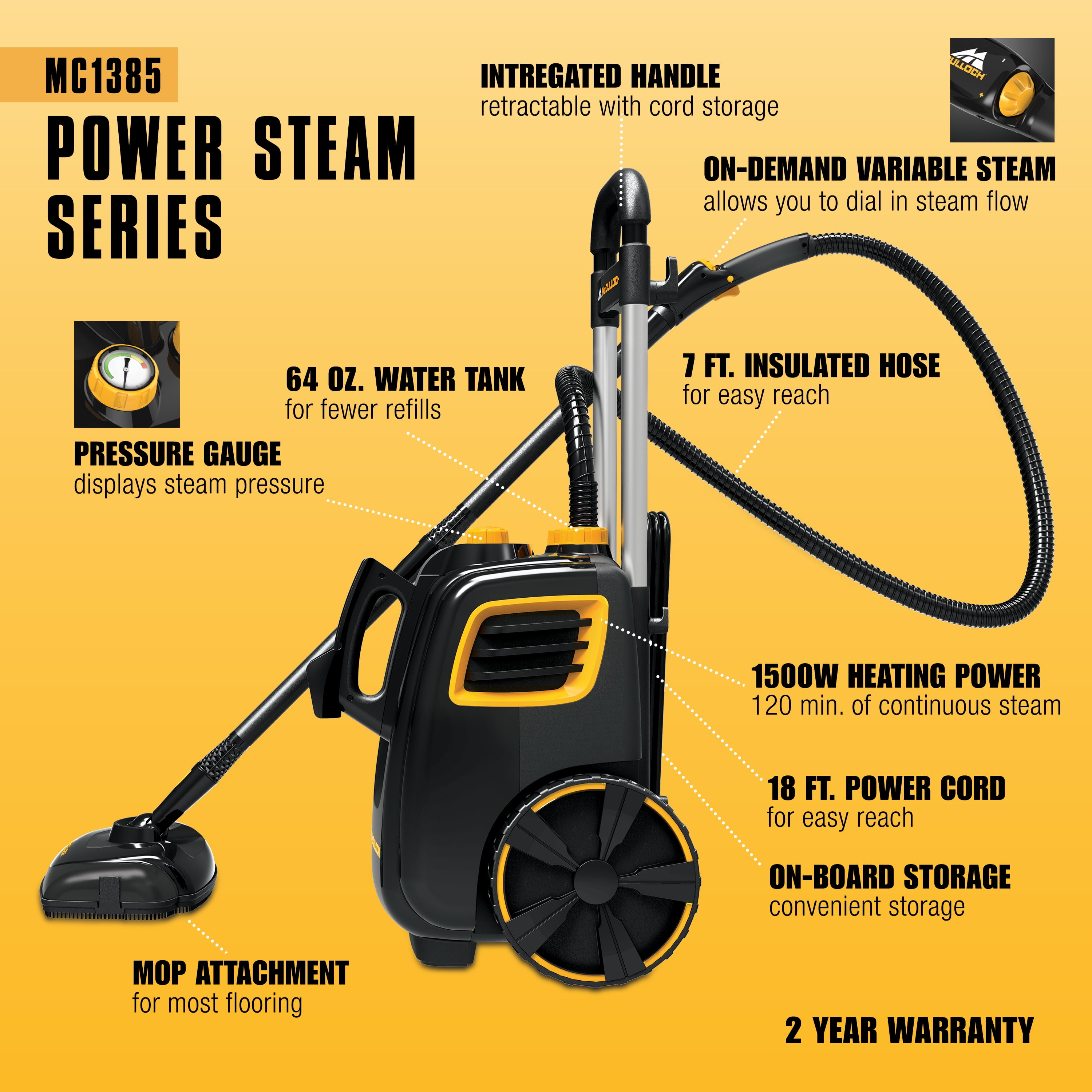 McCulloch MC1385 Deluxe Canister Steam Cleaner, 2-Hour Runtime, Chemical-Free, 23 Accessories: Mop Head, Brushes & More