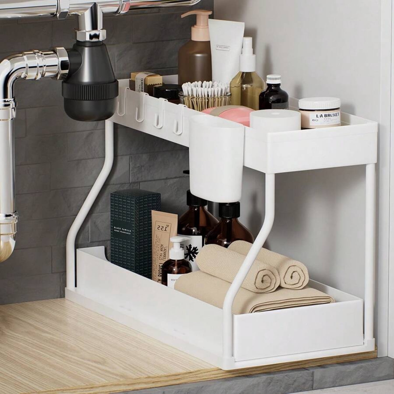 2 Pack Under Sink Organizers White, 2-Tier Large Capacity Pull Out Kitchen & Bathroom Under Sink Drawer Organizer - Space-Saving, Durable Black Storage Solution
