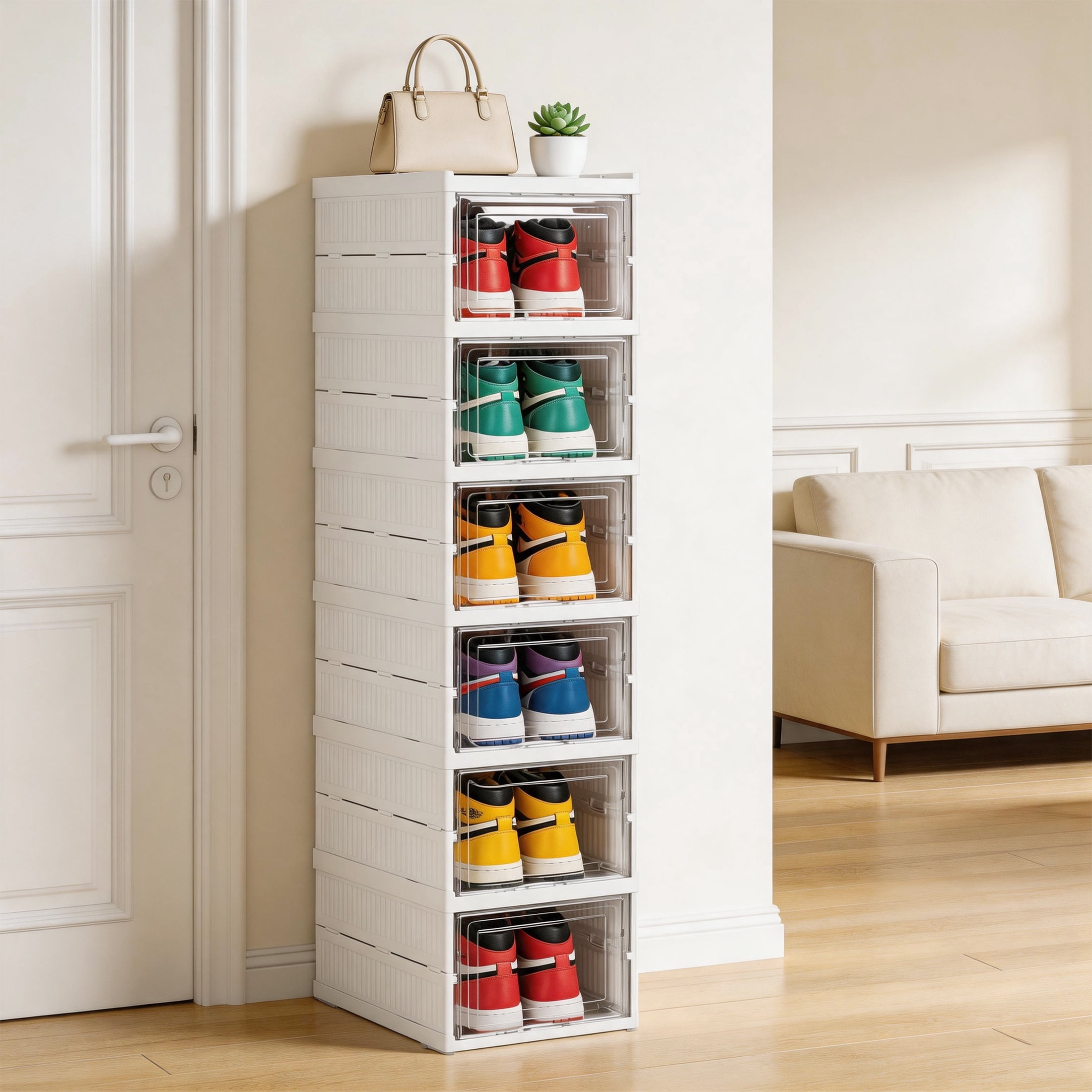 GARITIN Shoe Storage Box, 6 Tier Foldable No Assembly Clear Door Stackable Plastic Shoe Organizer