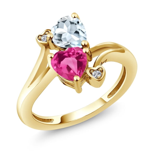 Gem Stone King 18K Yellow Gold Plated Silver Sky Blue Aquamarine Pink Created Sapphire and White Lab Grown Diamond Ring for Women (1.56 Cttw, Heart Shape 6MM, Gemstone Birthstone, Size 9)