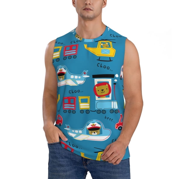 Fotbe Transportations With Cute Animals Men's Camiseta sin Mangas Estampada para Hombres, Playera Casual para Gimnasio, Entrenamiento, Playa-XX-Large
