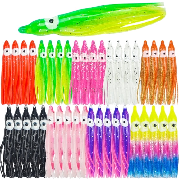Fishing Squid Skirts Lures, 60pcs Luminous Octopus Skirts Trolling Lures Soft Plastic Fishing Bait Set for Bass Salmon Trout Multicolored 5cm,7cm 9cm,12cm