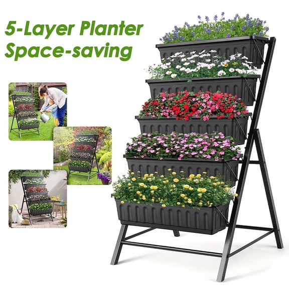 5-Tier Raised Garden Bed Planter Box, 4ft Vertical Garden, for Patio Balcony Flower Herb Freestanding Garden Planter, Artificial Plants