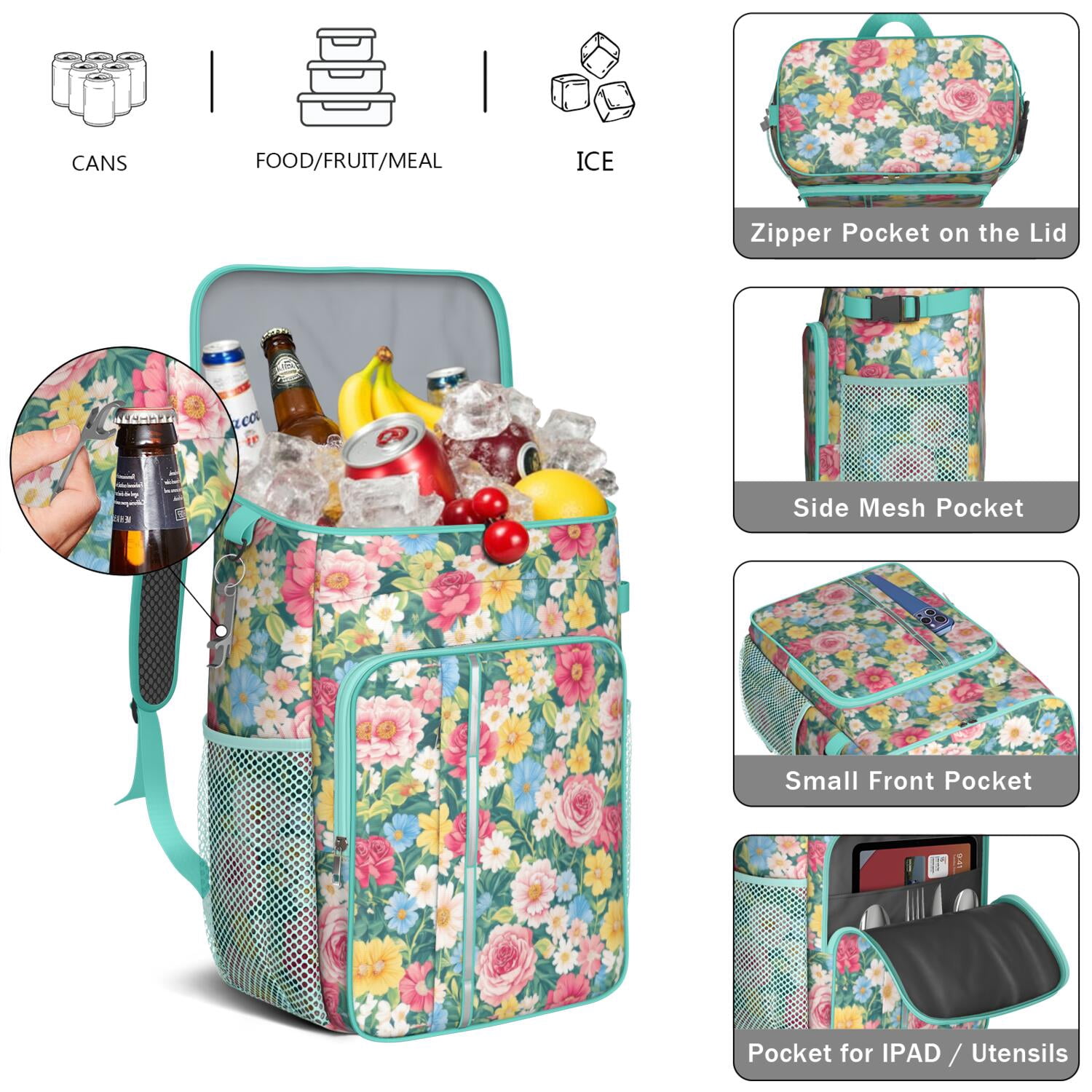 Travel Cooler Bag - Pioneer Flower Camping Beer Cooler Backpack with Bottle Opener- Waterproof Insulated Picnic Backpacks - Cooler Bag for Beach